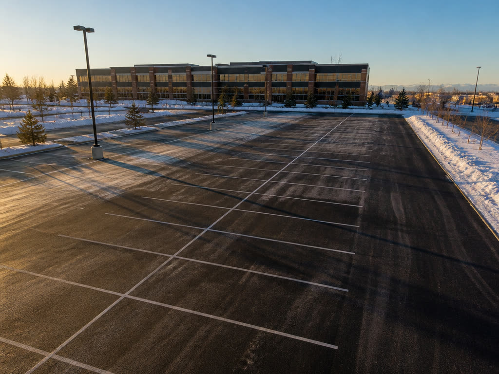 Cleared commercial parking lot in Calgary after snow removal, with snow banked at the edges